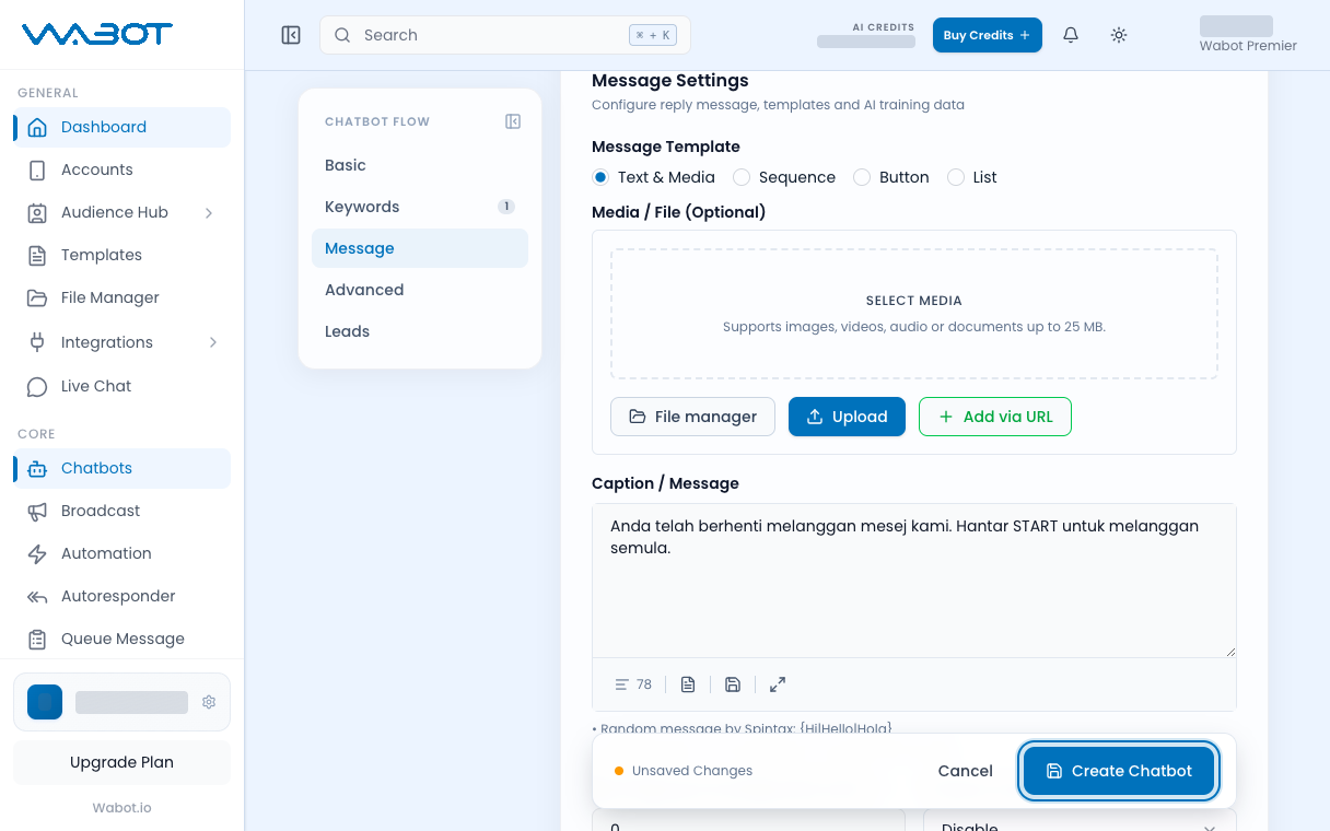 New Chatbot Flow form with the Create Chatbot button highlighted
