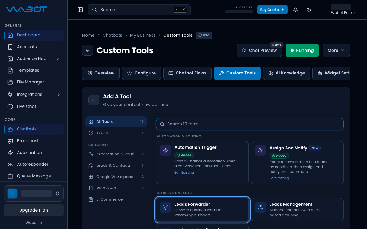 Add A Tool with Leads Forwarder highlighted