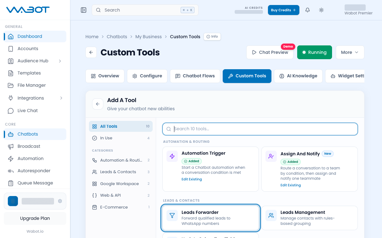 Add A Tool with Leads Forwarder highlighted