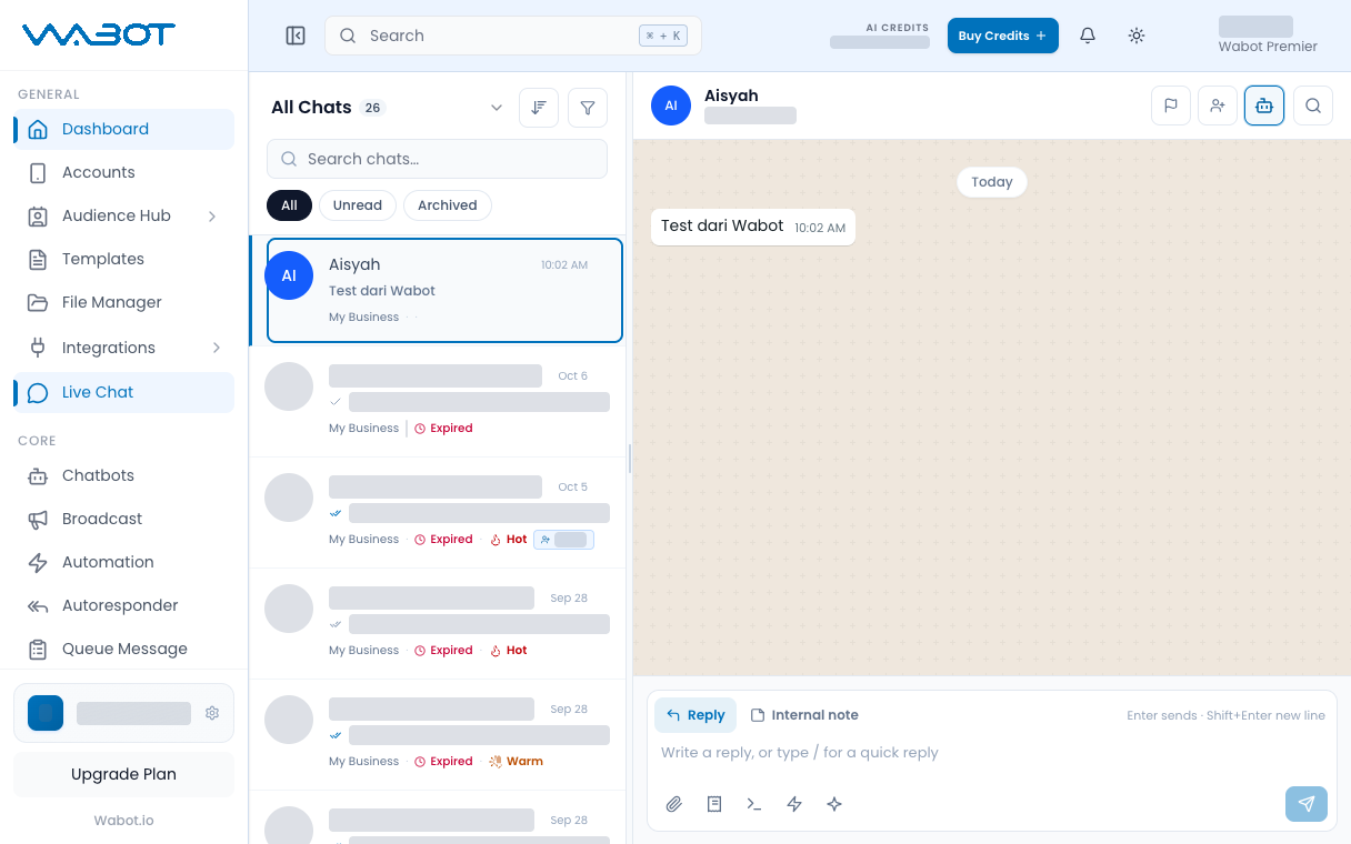 Sample conversation highlighted in the list