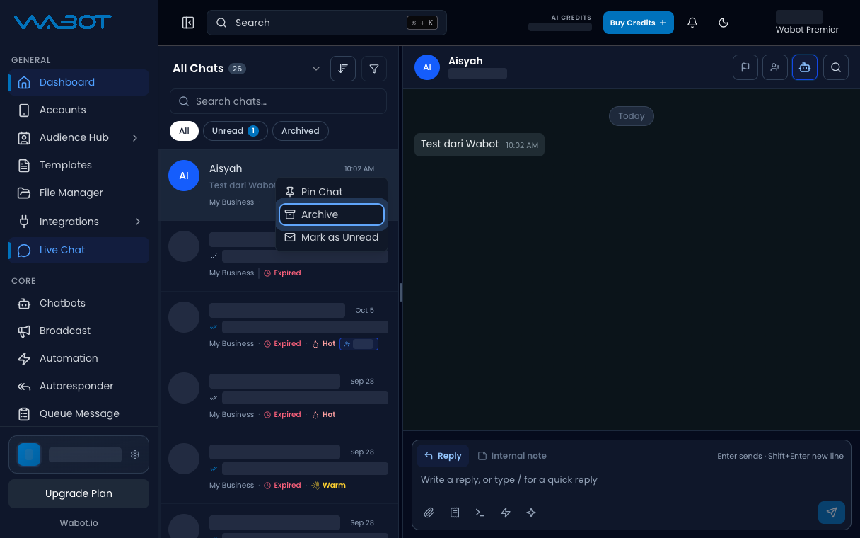 Conversation menu with Archive highlighted