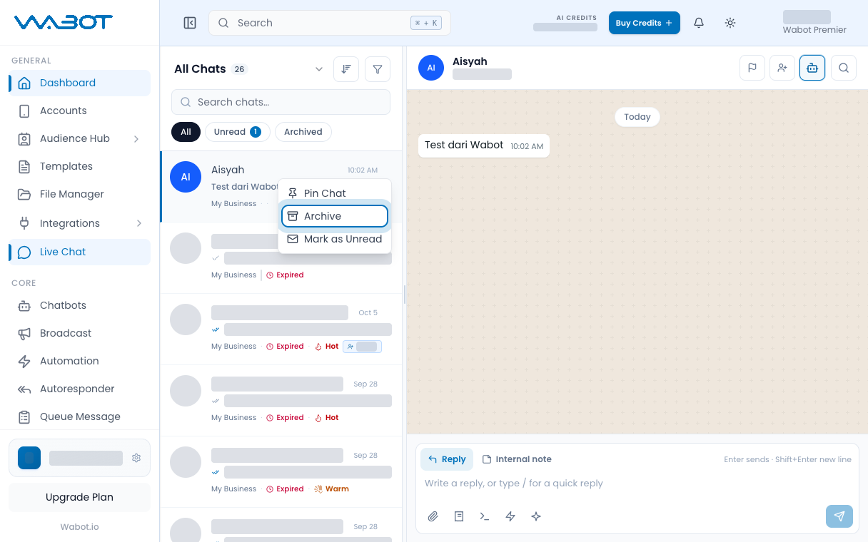 Conversation menu with Archive highlighted