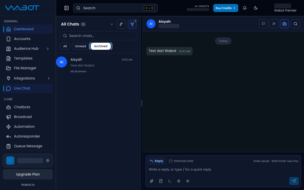 Archived tab showing the archived conversation