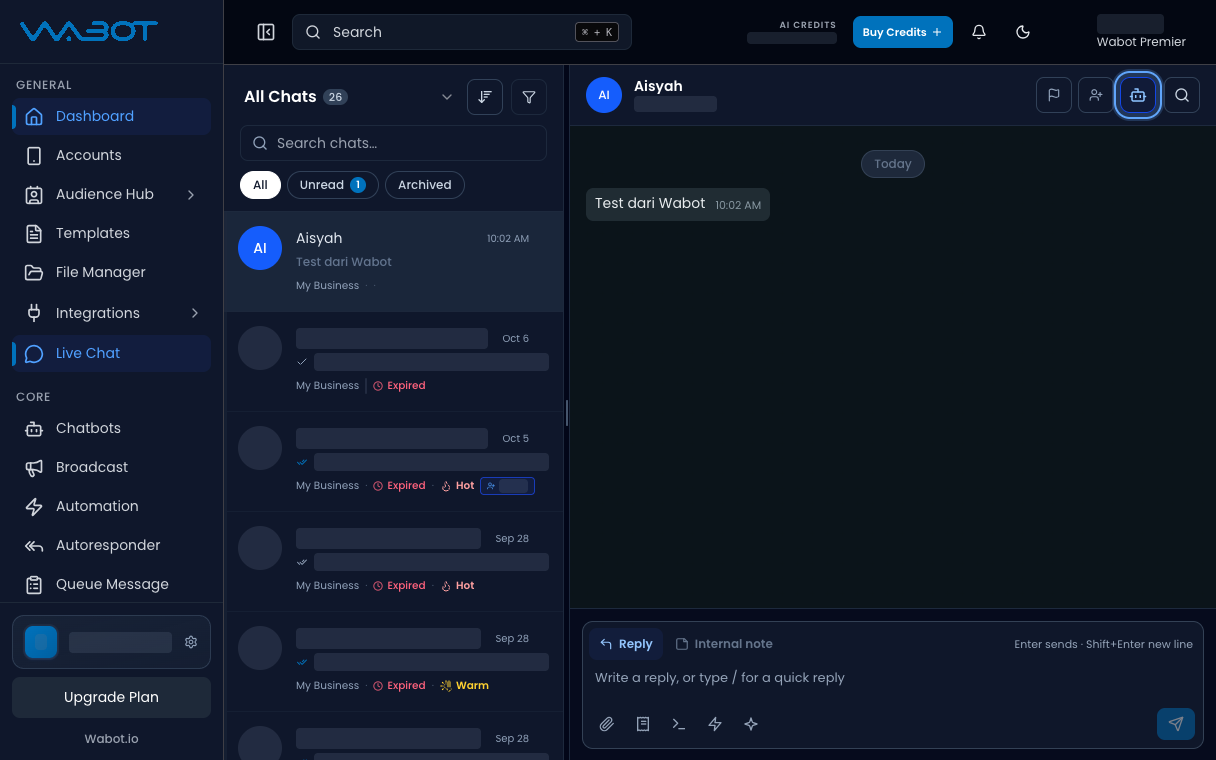 Bot active button highlighted in the chat header