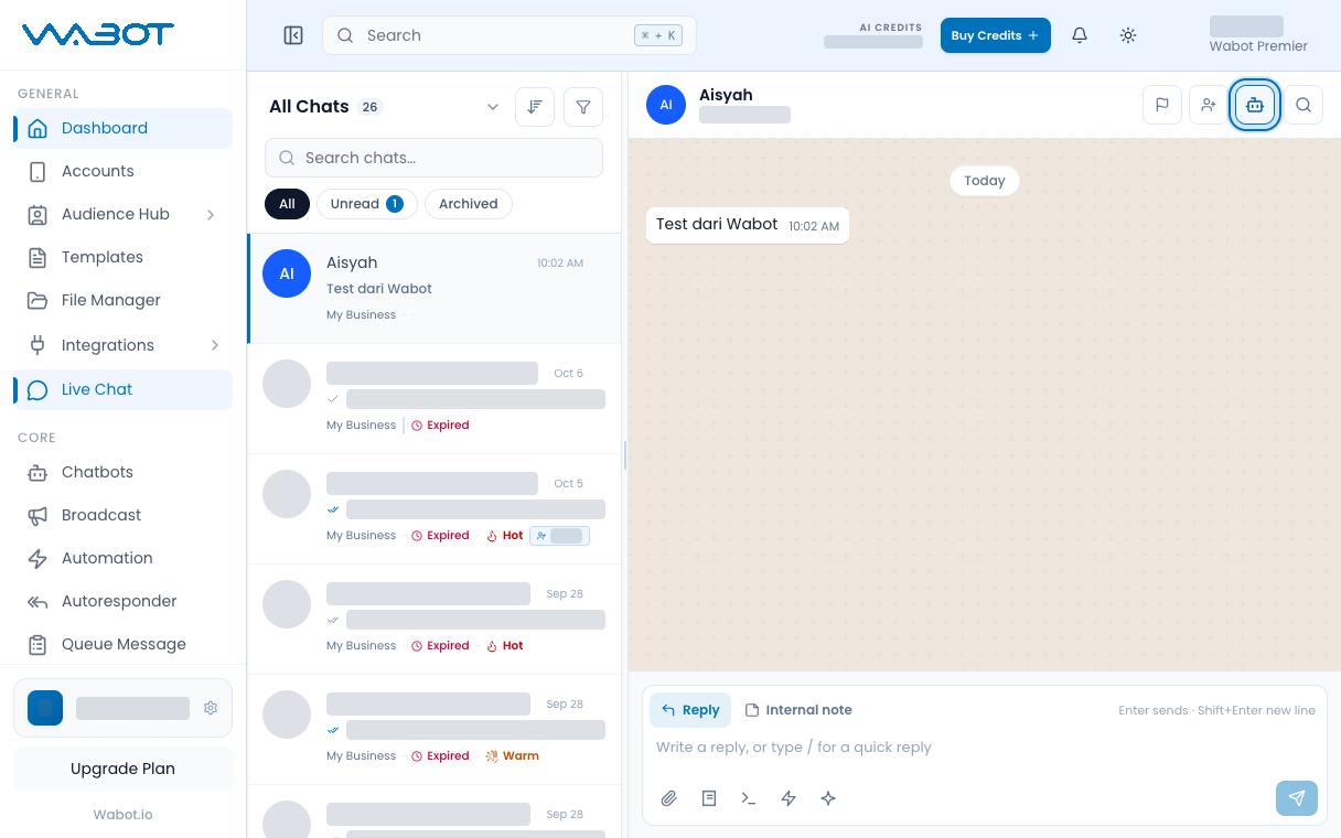 Bot active button highlighted in the chat header