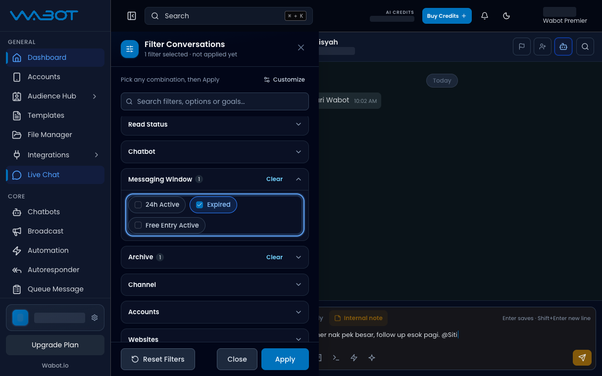 Filter Conversations with Messaging Window Expired ticked