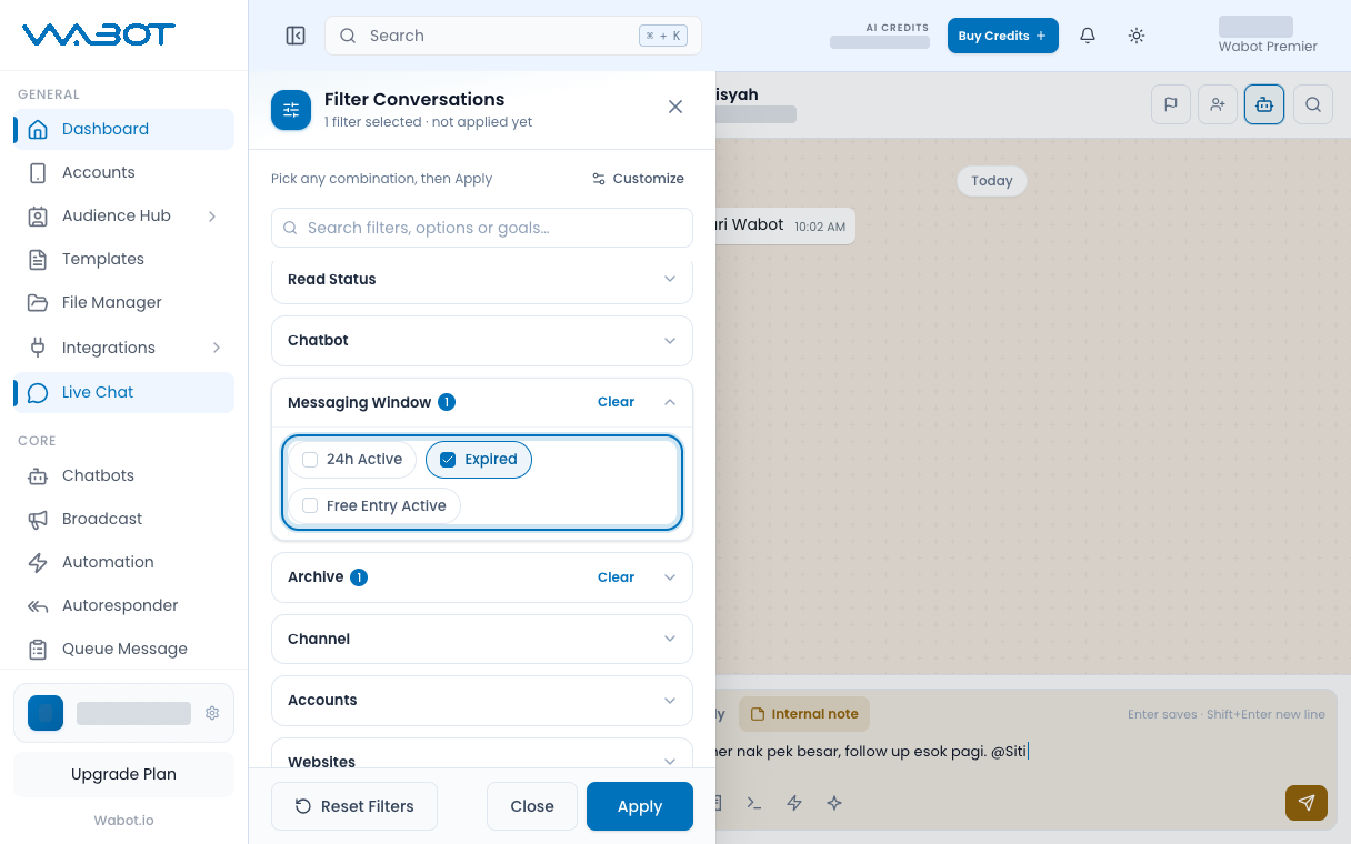 Filter Conversations with Messaging Window Expired ticked