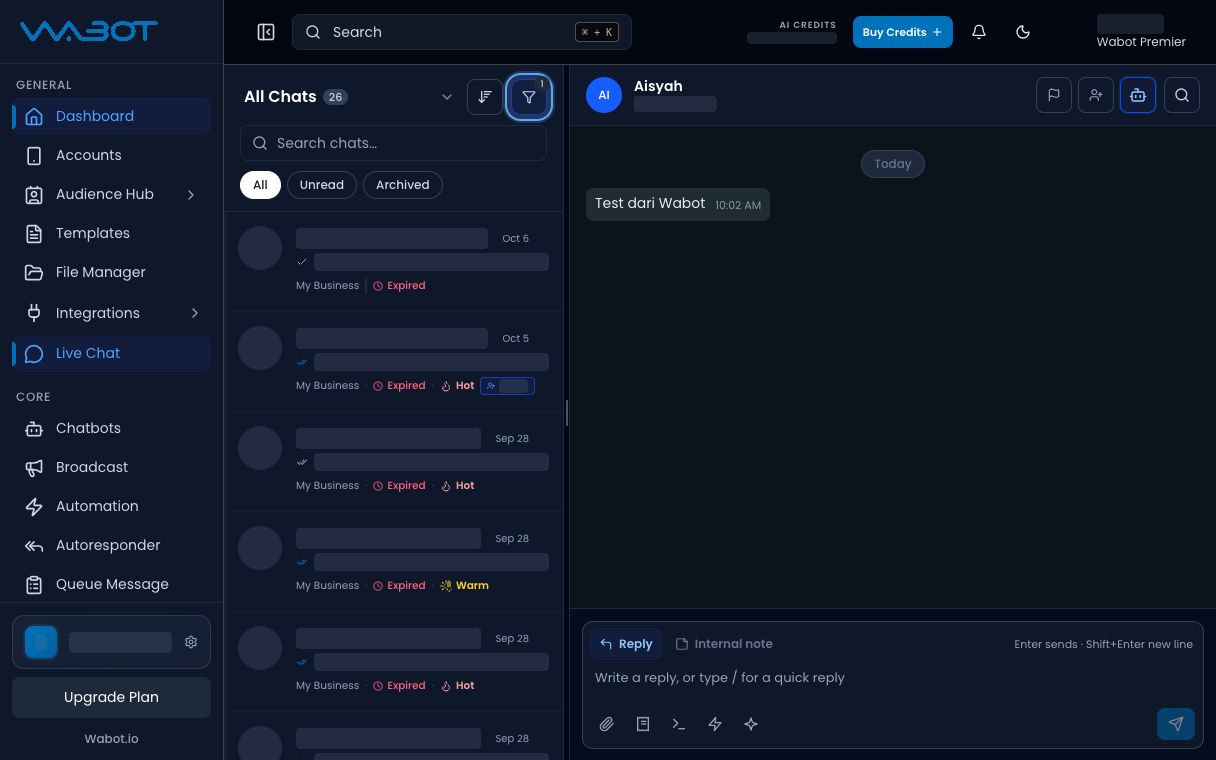 Filtered chat list with the Filters badge showing 1