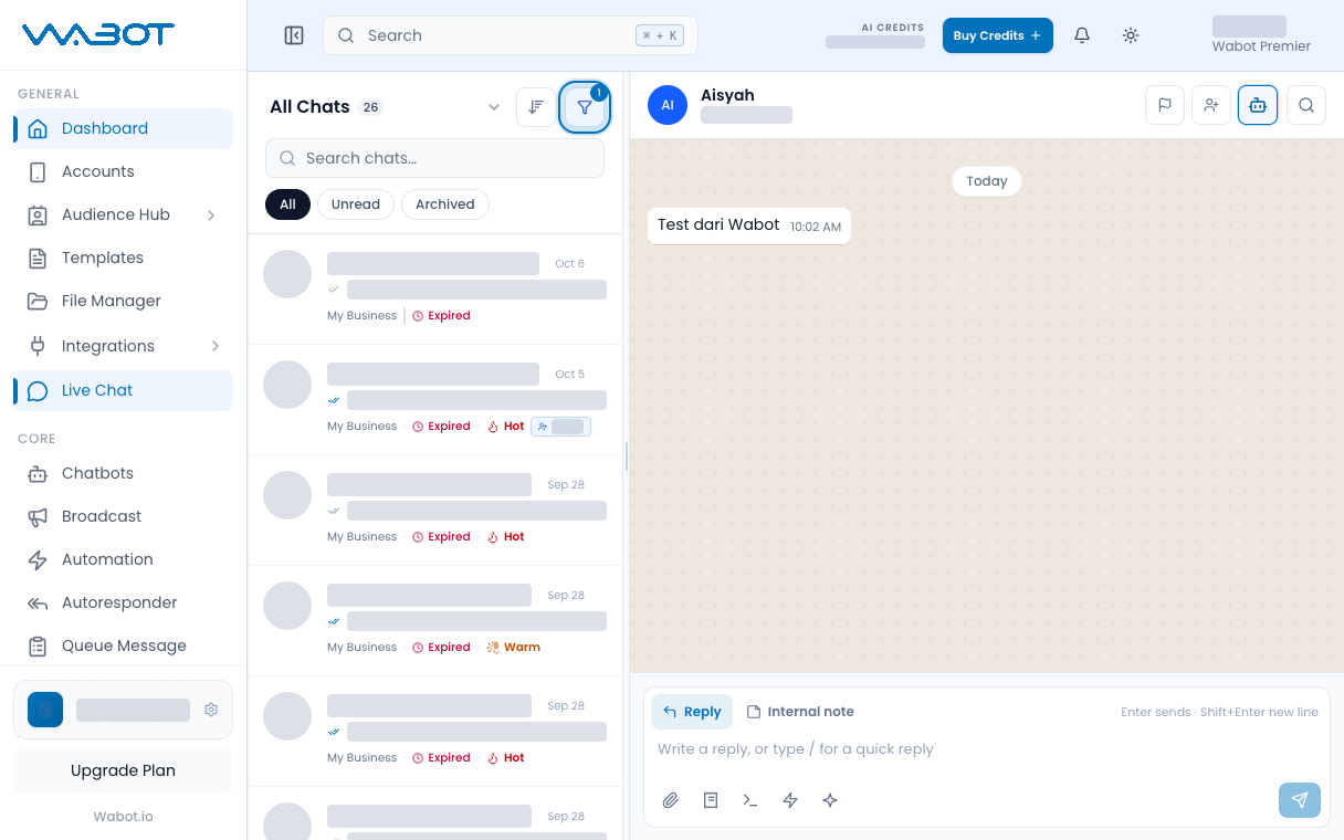 Filtered chat list with the Filters badge showing 1