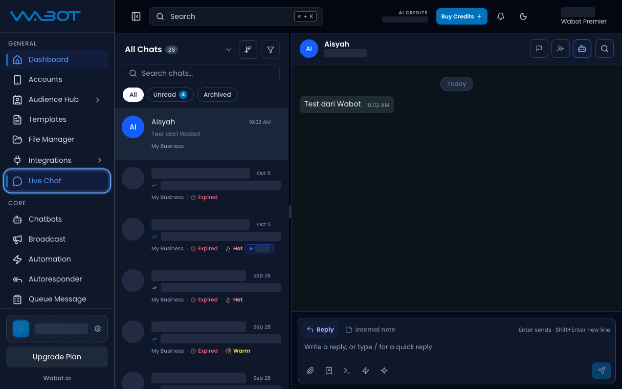 Live Chat inbox with Live Chat highlighted in the menu