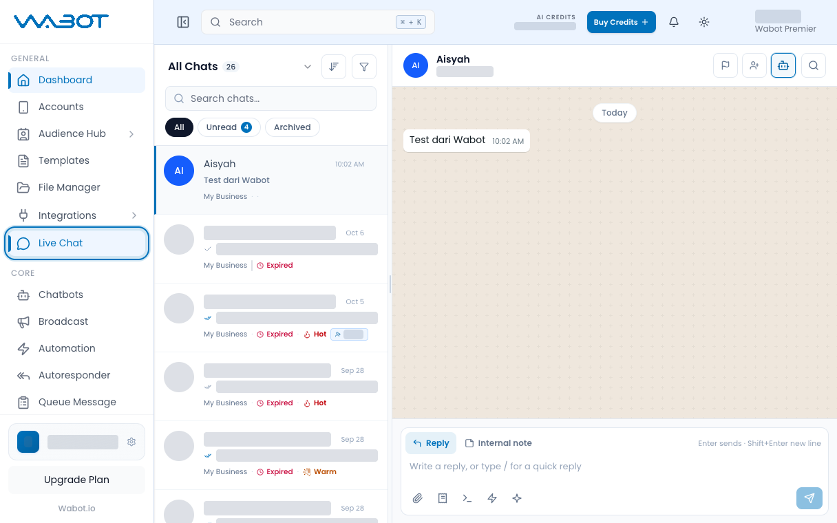 Live Chat inbox with Live Chat highlighted in the menu
