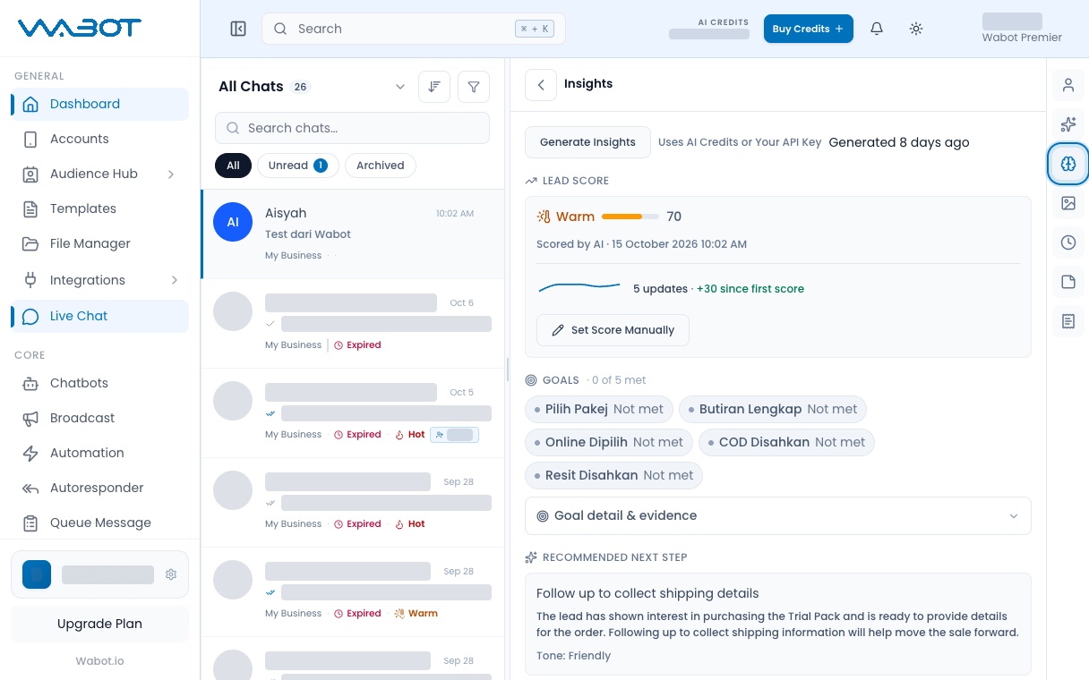 Insights icon highlighted on the contact panel
