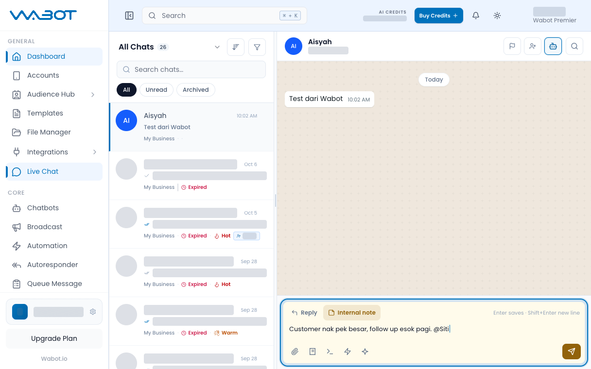 Internal note tab with a sample note typed