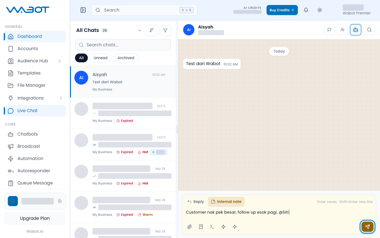 Save internal note button highlighted
