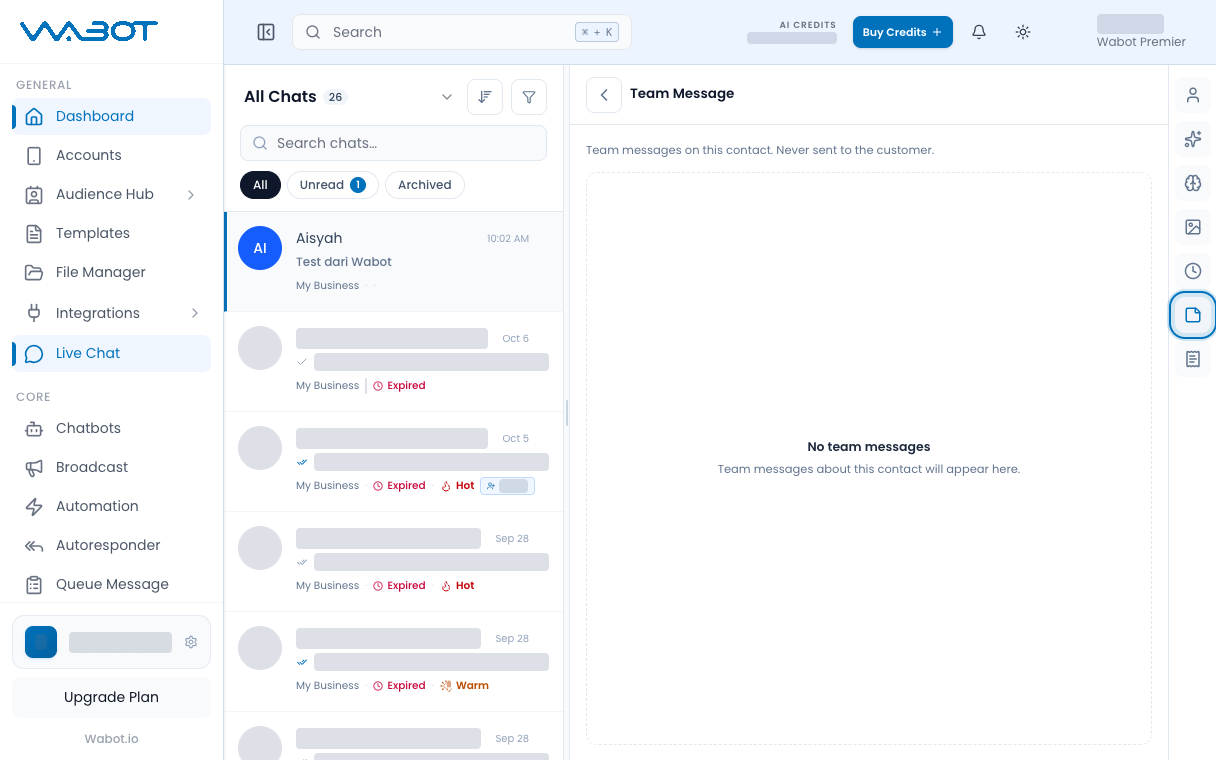 Team Message icon highlighted on the contact panel