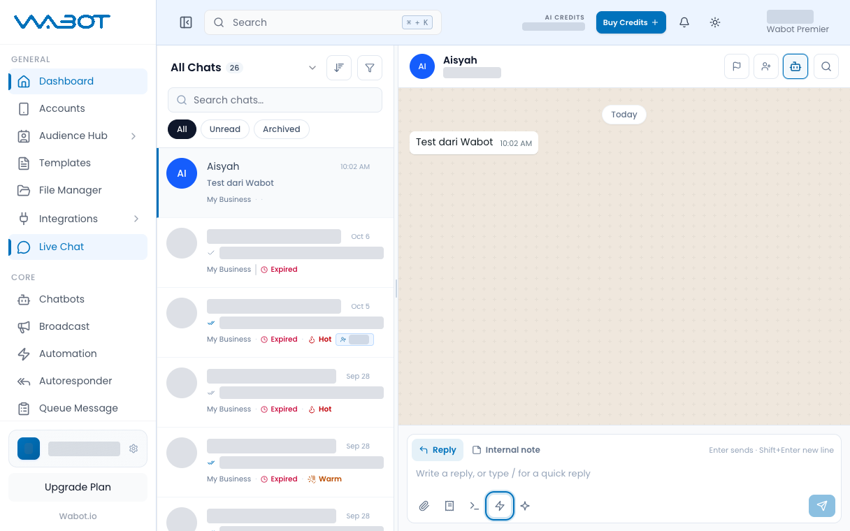 Quick reply library button highlighted in the reply box