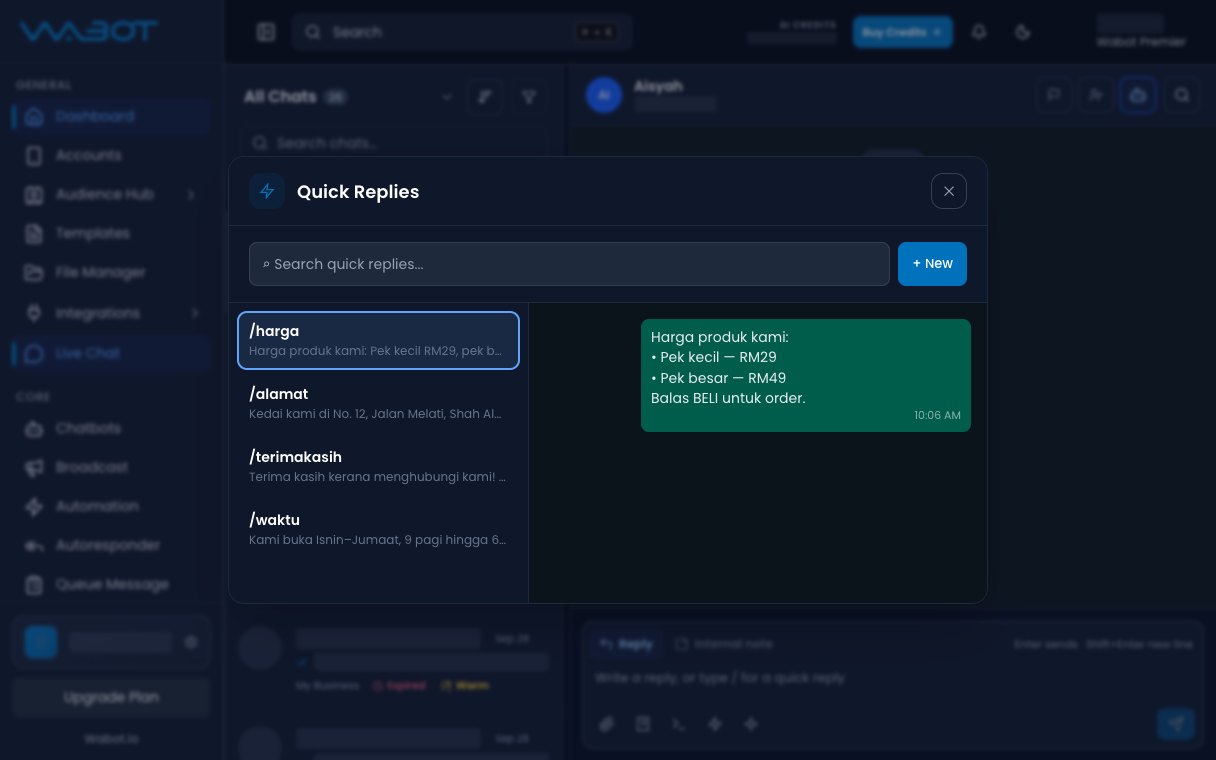 Quick Replies library with one reply highlighted