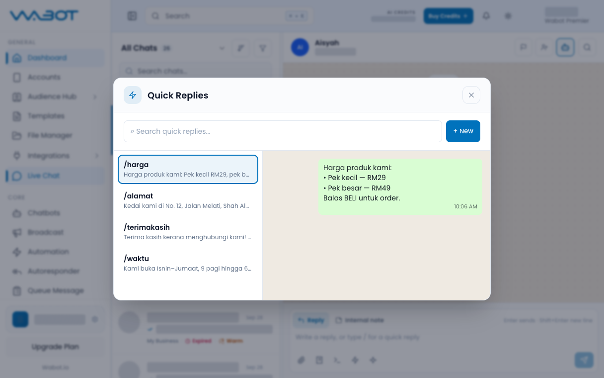 Quick Replies library with one reply highlighted