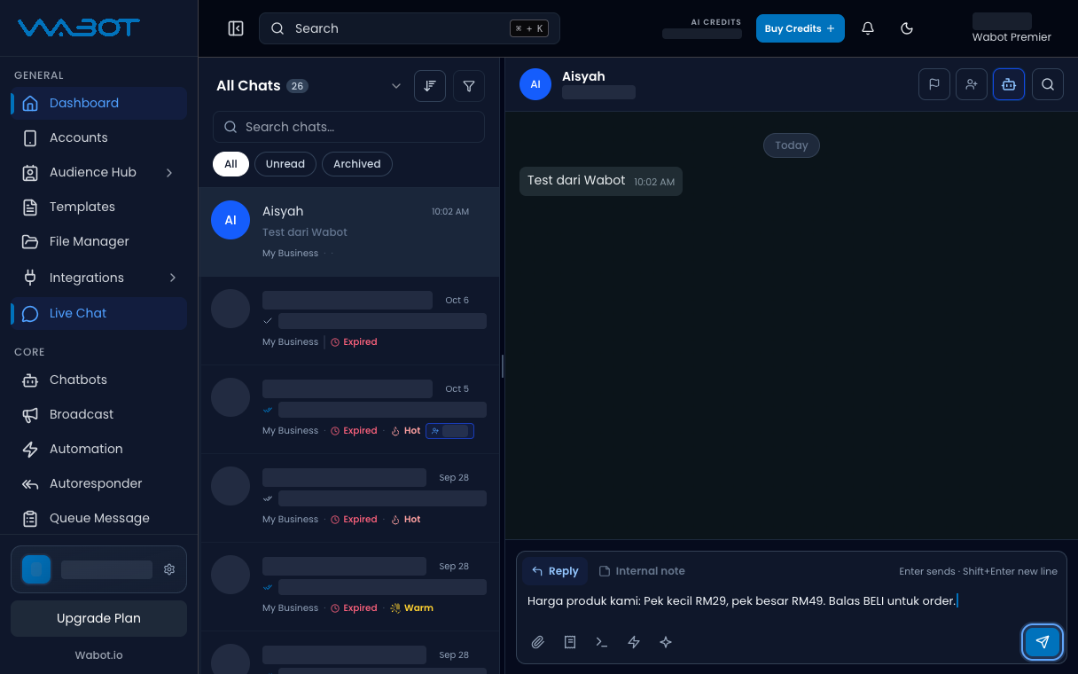 Quick reply text in the box with Send highlighted