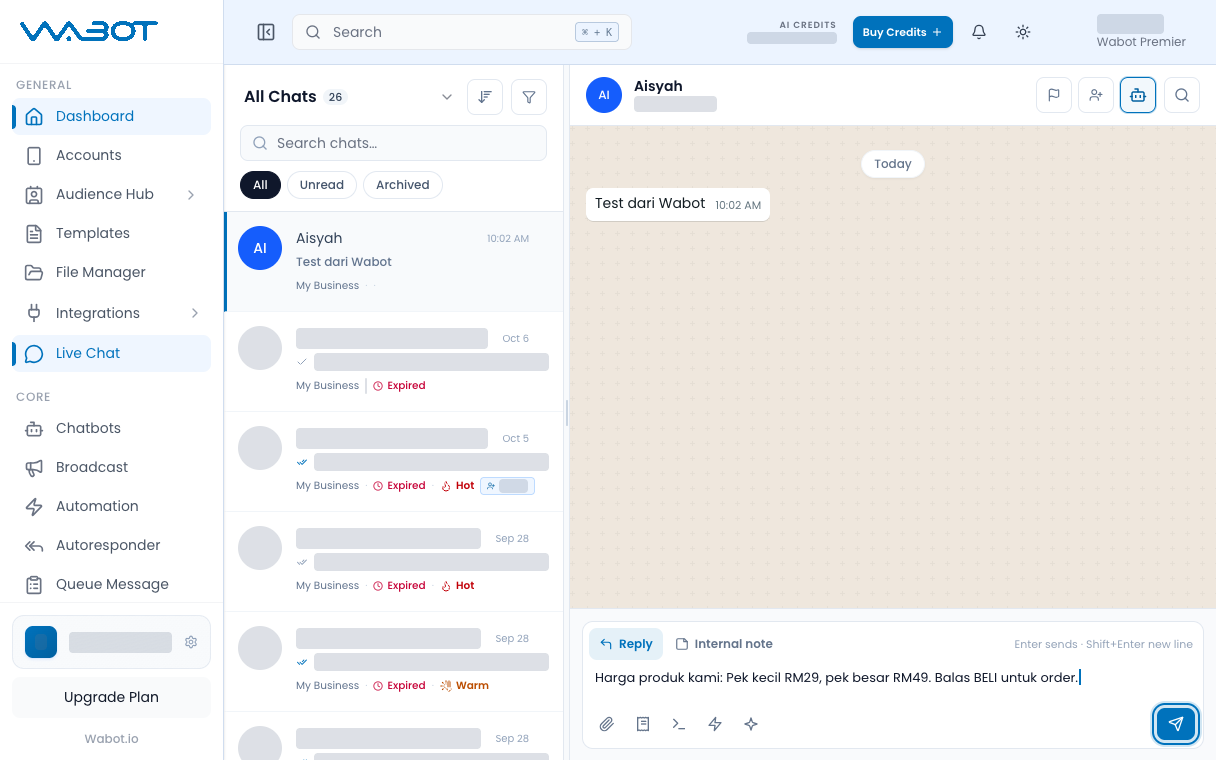 Quick reply text in the box with Send highlighted
