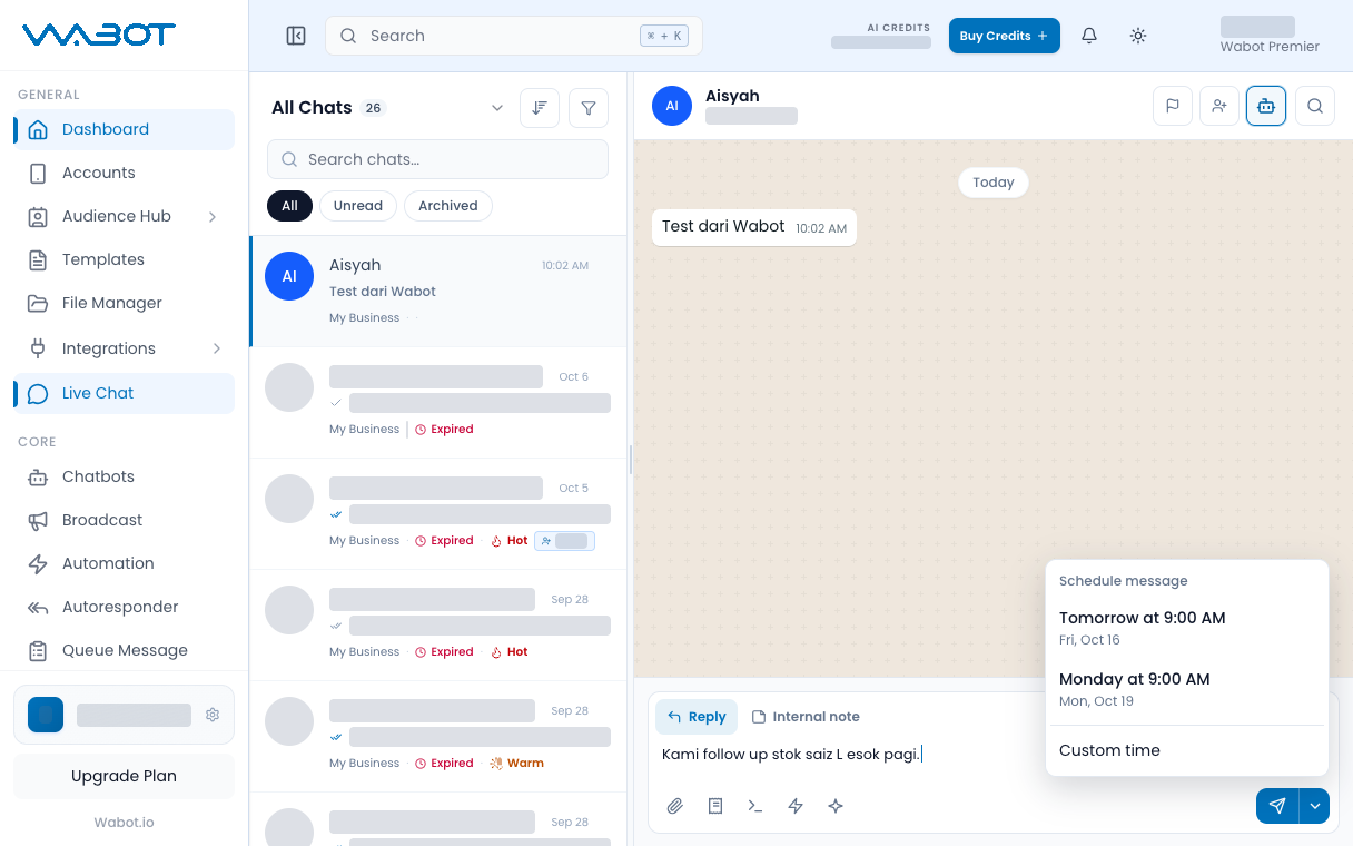 Schedule message menu opened from the arrow next to Send