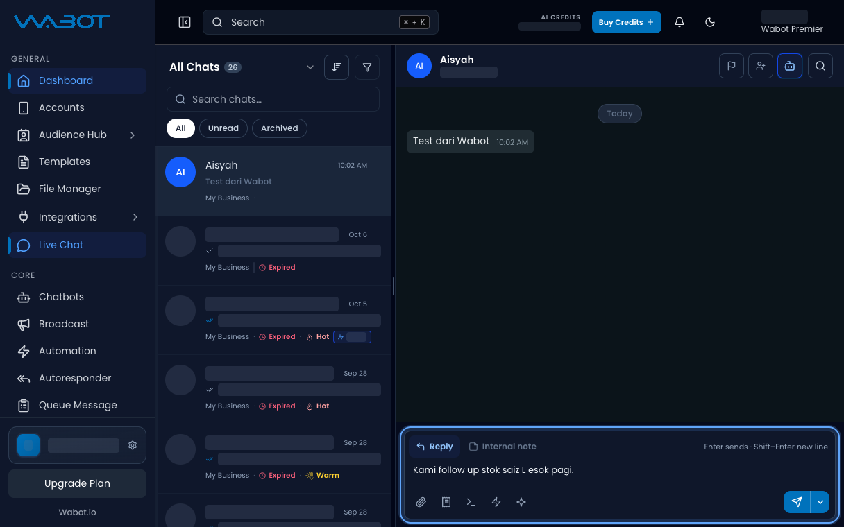Reply box with the follow-up message typed