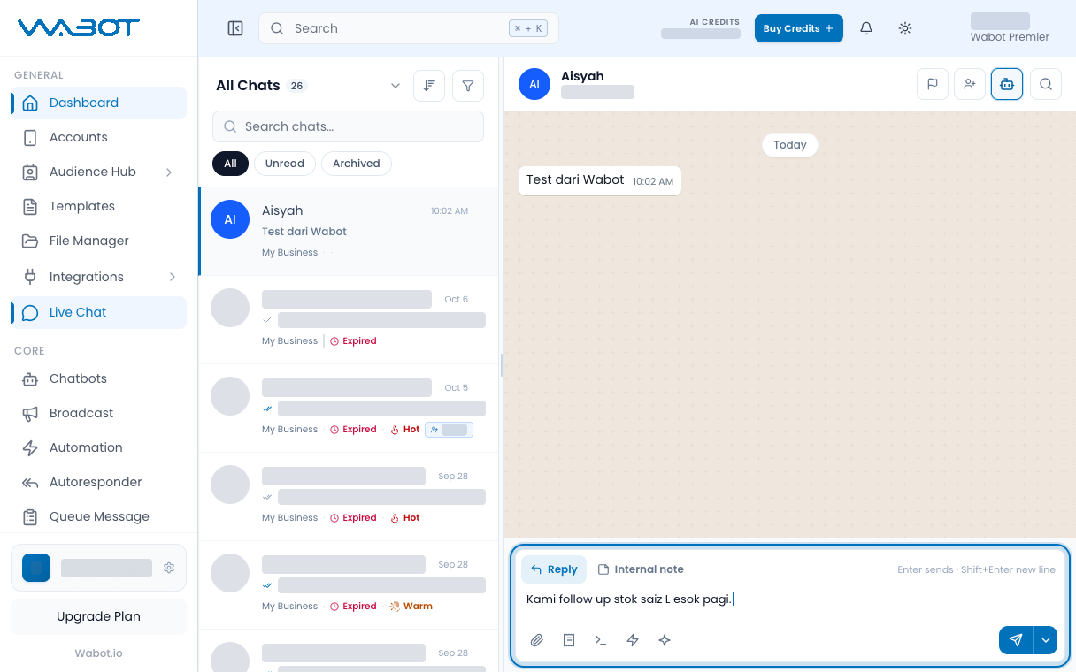 Reply box with the follow-up message typed