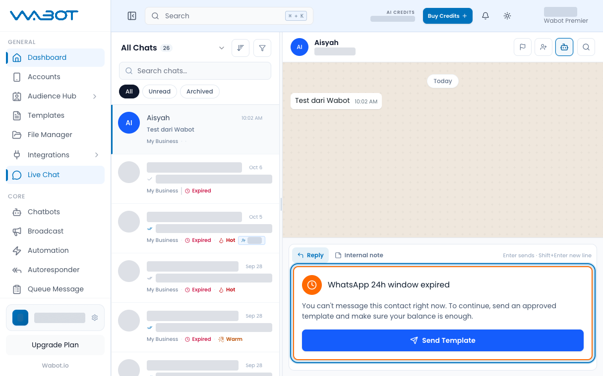 WhatsApp 24h window expired notice in the reply box