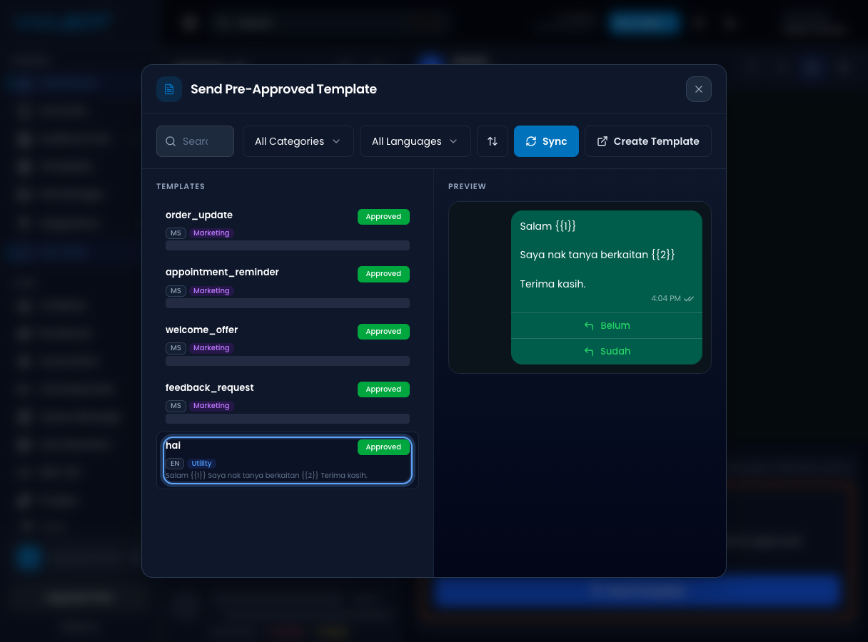 Send Pre-Approved Template list with one template highlighted