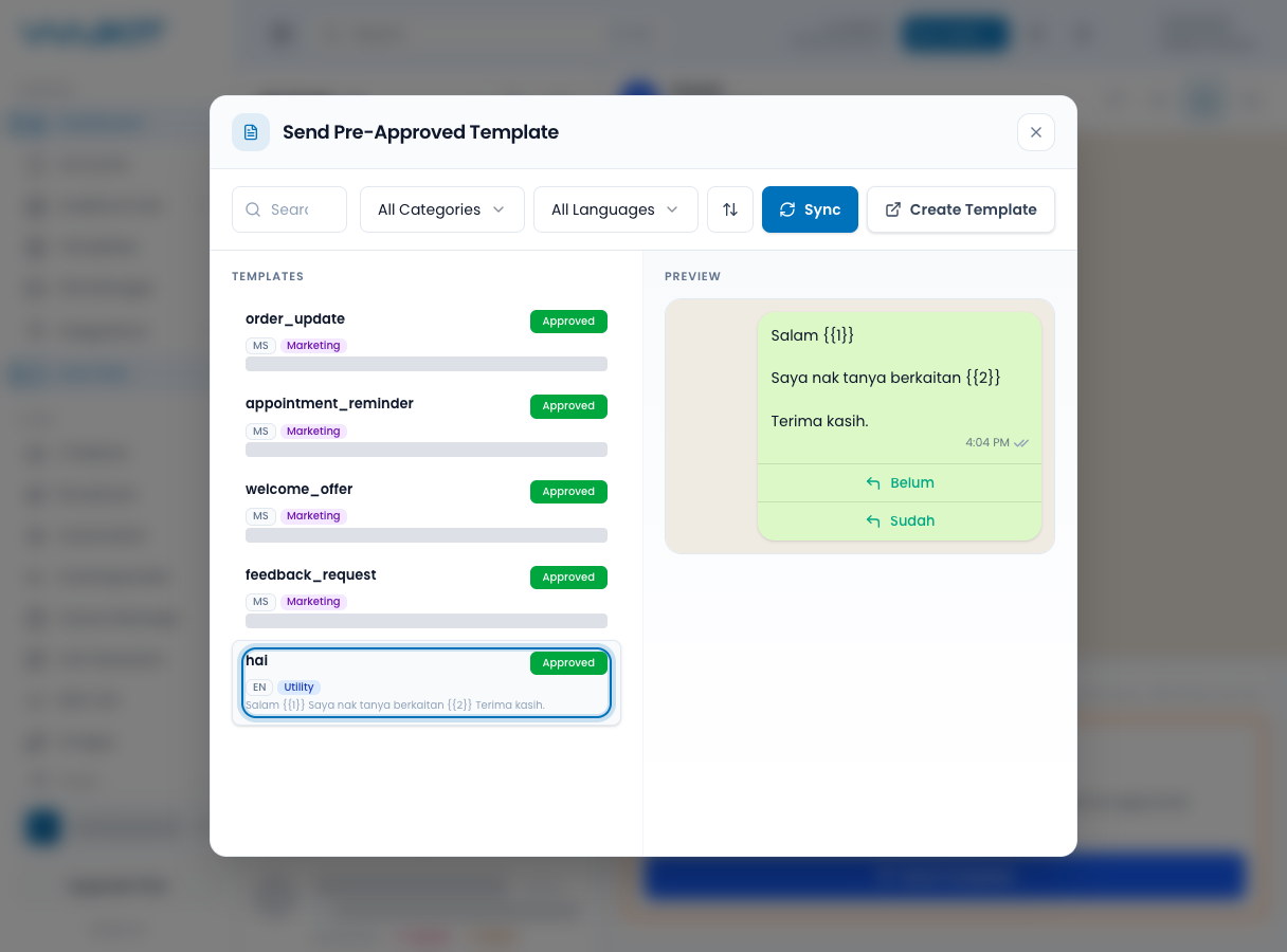 Send Pre-Approved Template list with one template highlighted