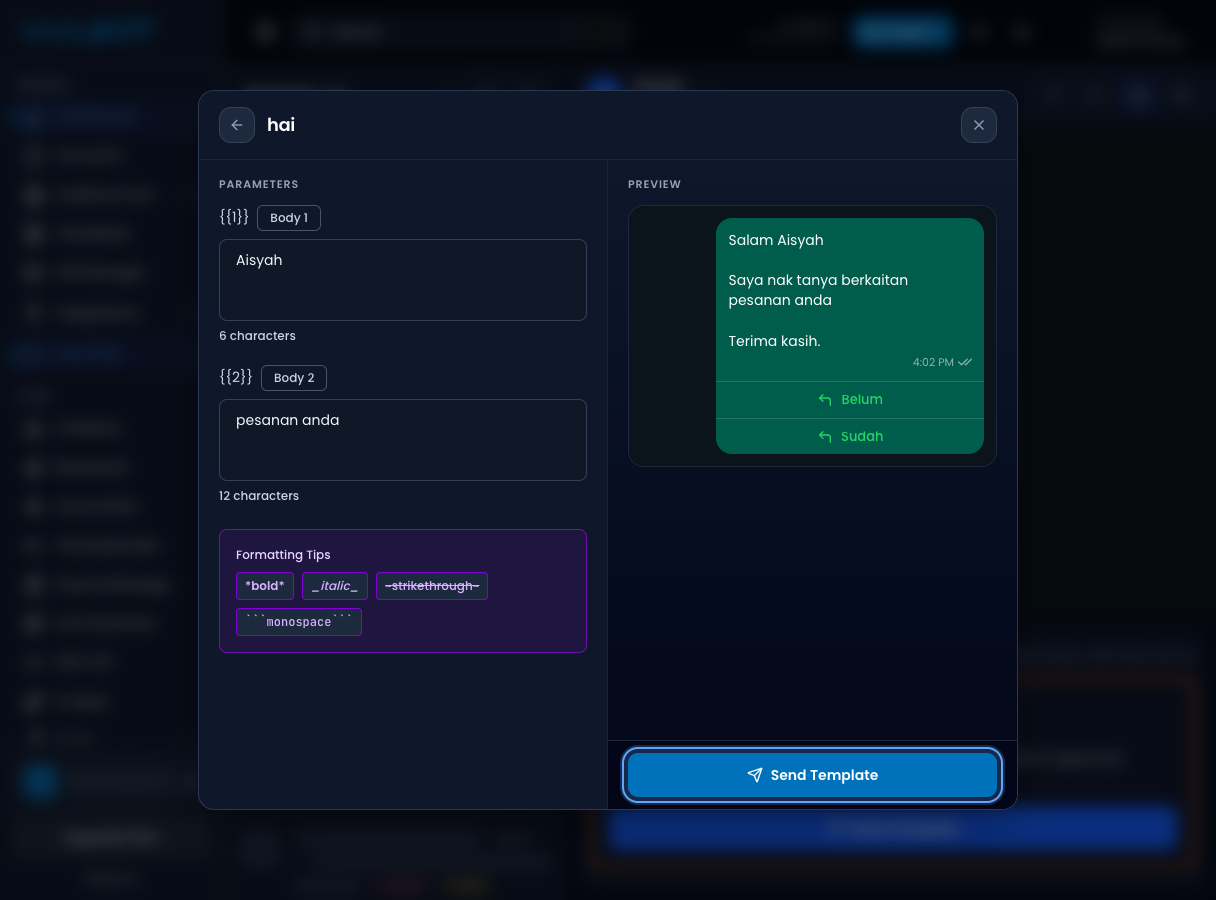 Template parameters filled with the Send Template button highlighted