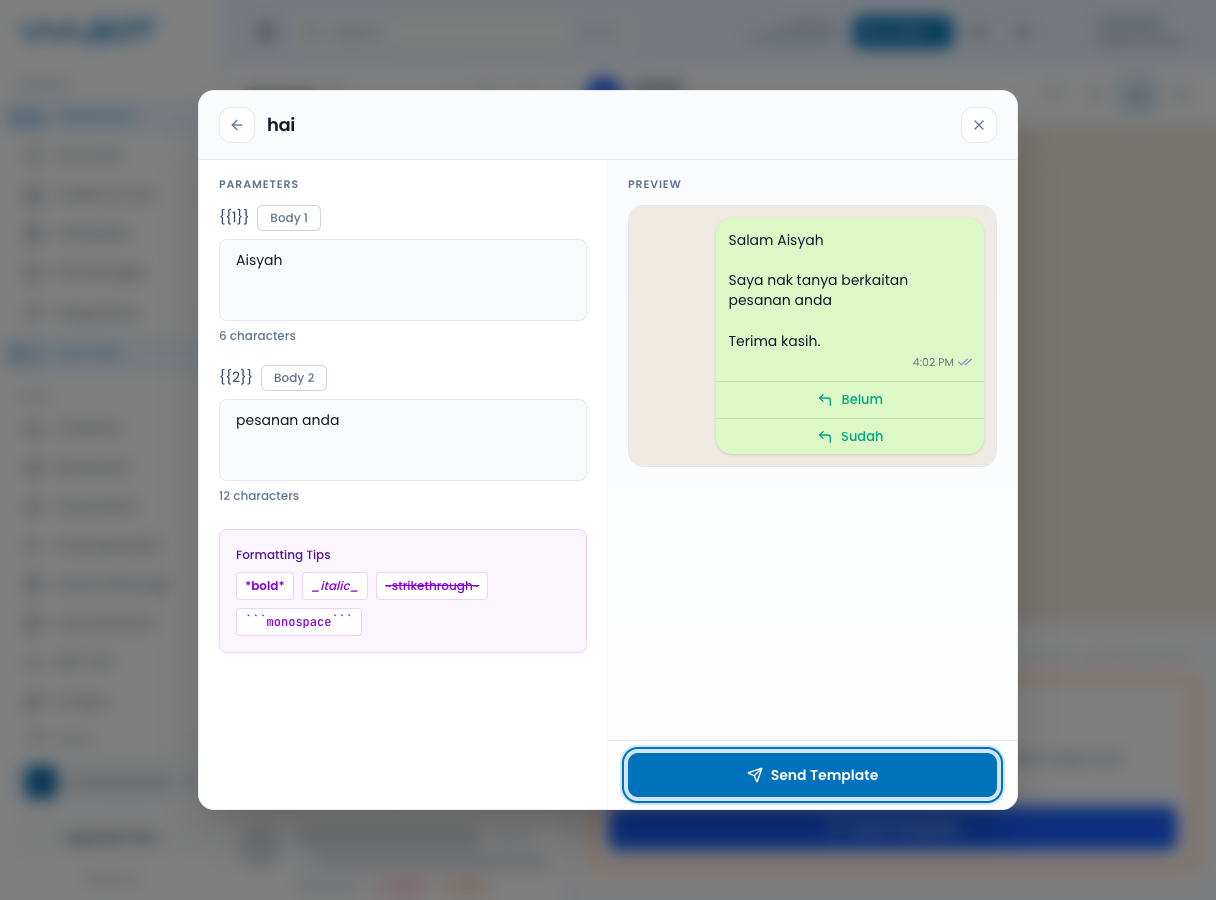 Template parameters filled with the Send Template button highlighted