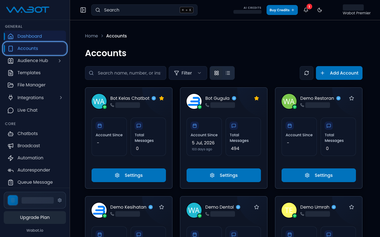 Accounts highlighted in the left menu, with the Accounts page open