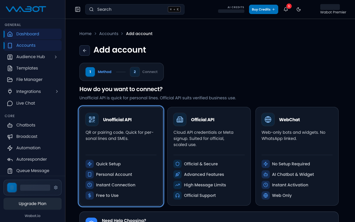 How do you want to connect? with the Unofficial API card highlighted