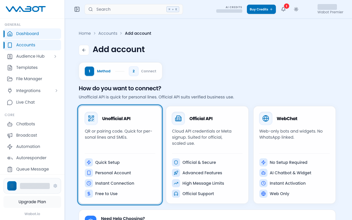 How do you want to connect? with the Unofficial API card highlighted