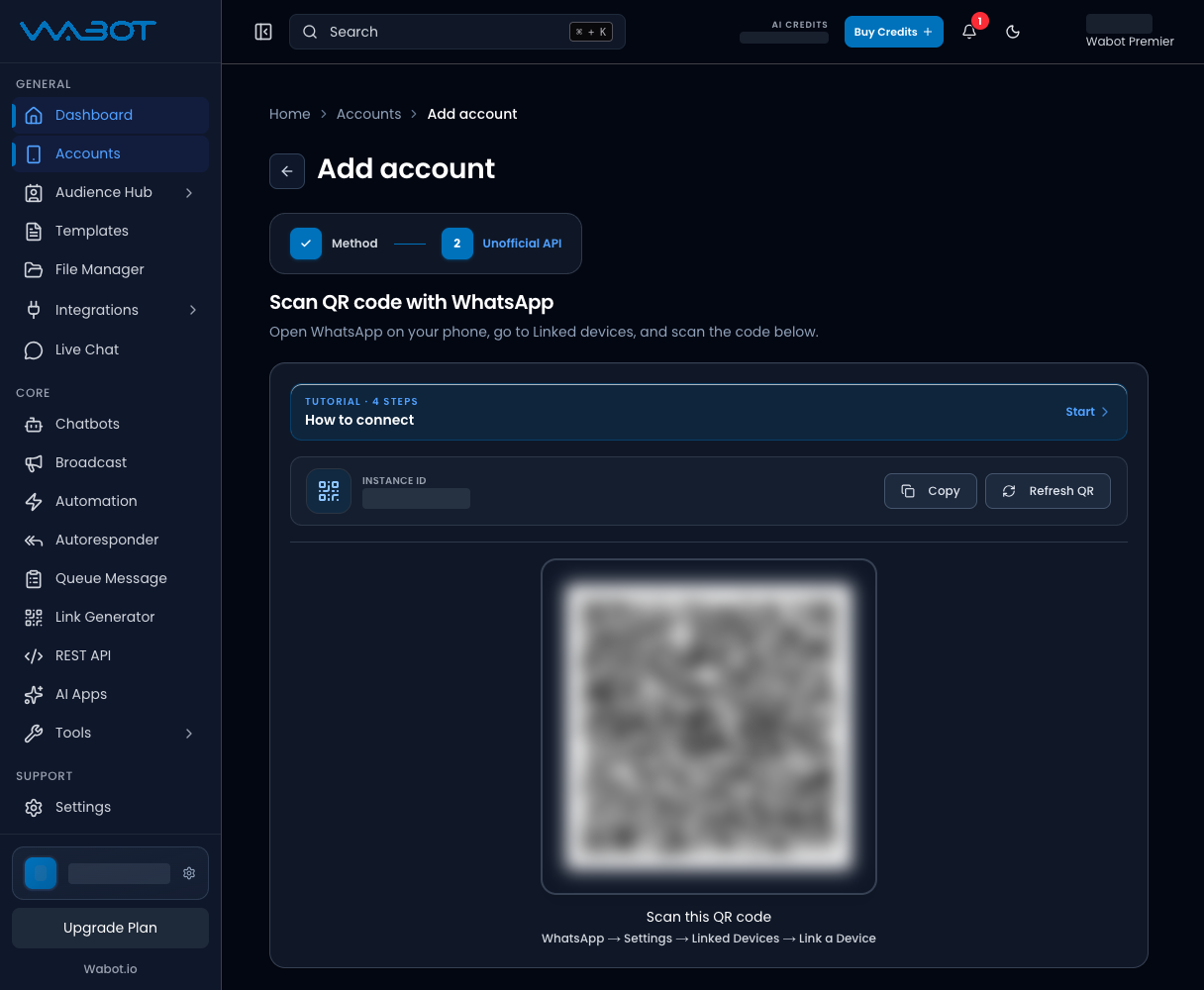 Scan QR code with WhatsApp screen with a QR code and Refresh QR button