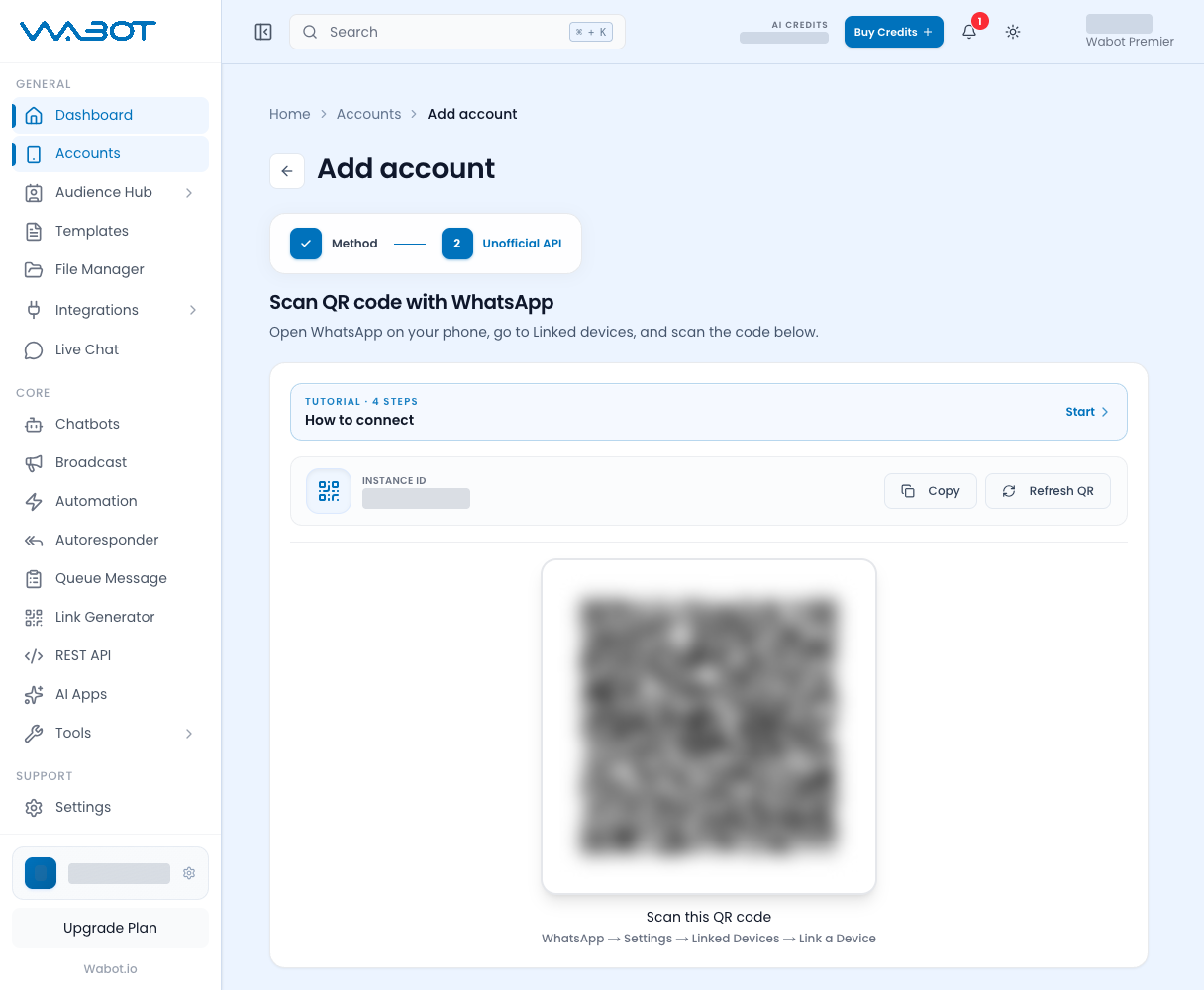 Scan QR code with WhatsApp screen with a QR code and Refresh QR button