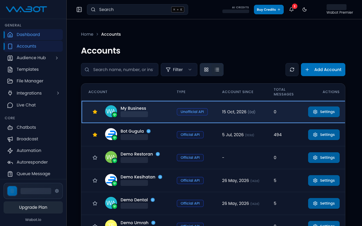 Accounts table with an Unofficial API account and a green connected badge