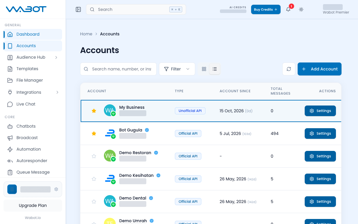 Accounts table with an Unofficial API account and a green connected badge