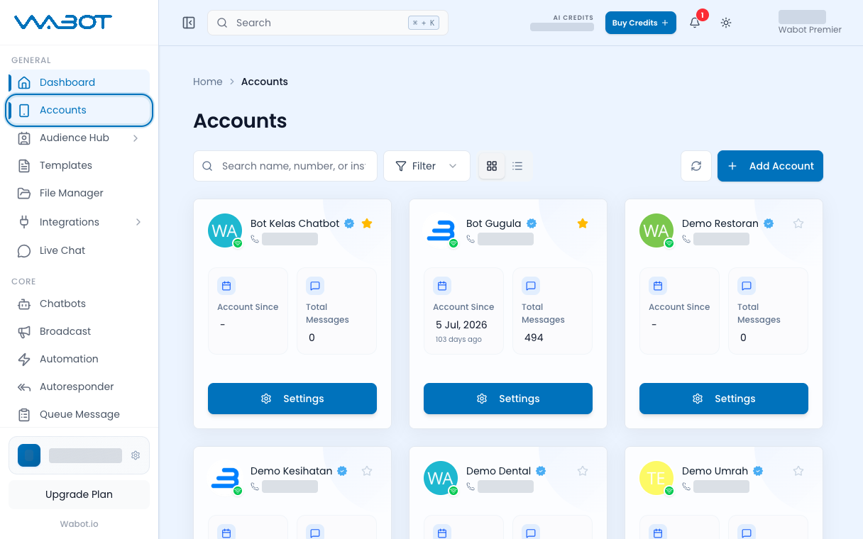 Accounts highlighted in the left menu, with the Accounts page open