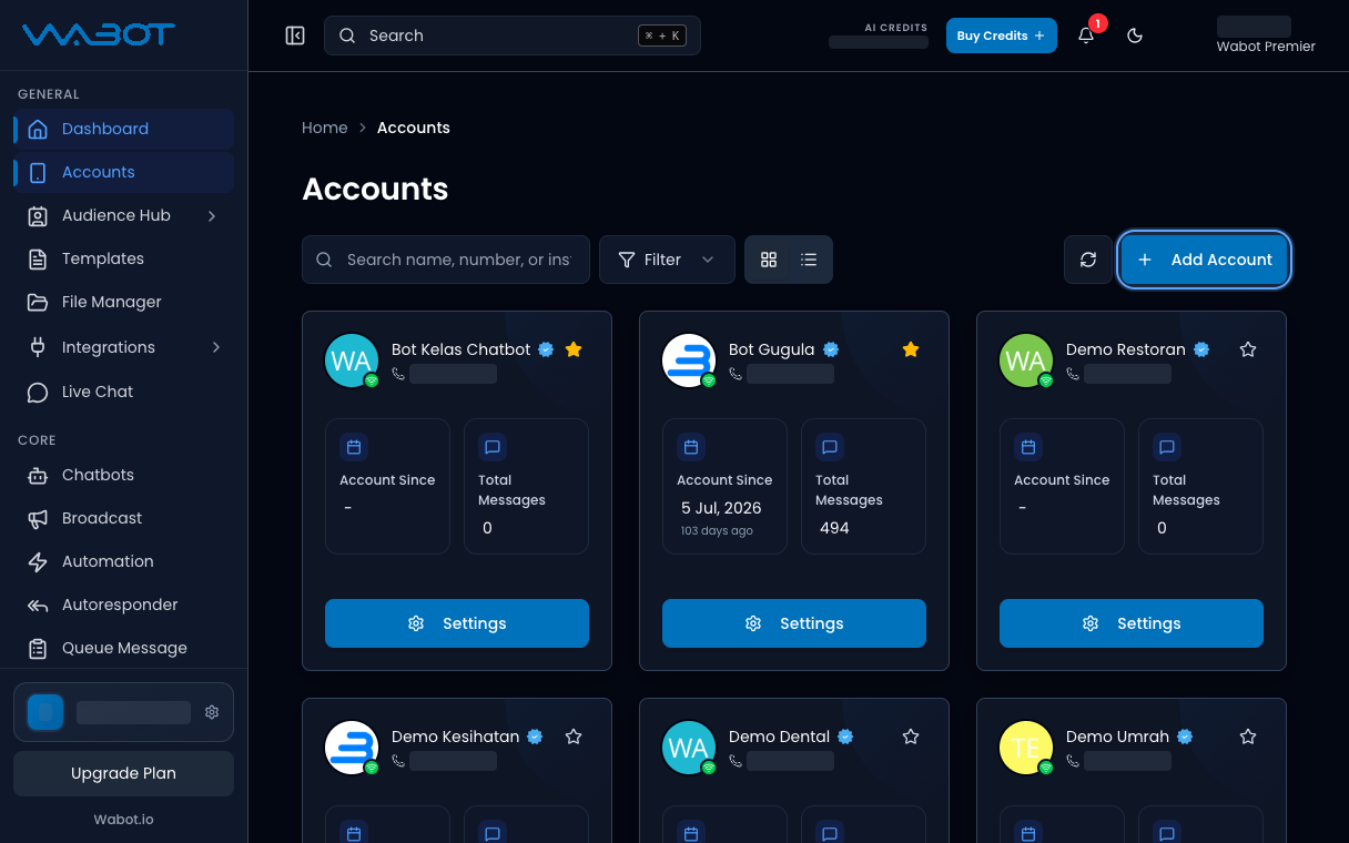 Add Account button highlighted at the top right of the Accounts page