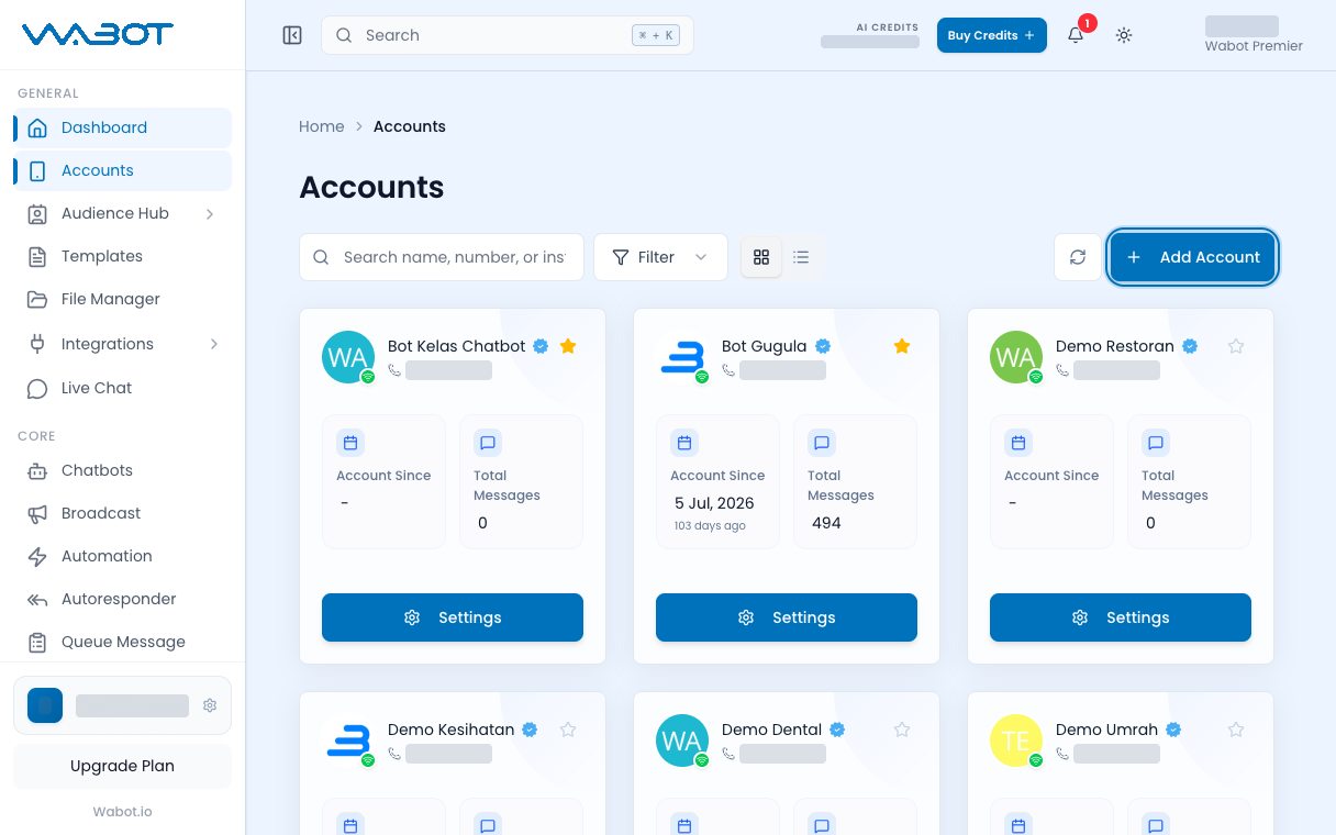 Add Account button highlighted at the top right of the Accounts page