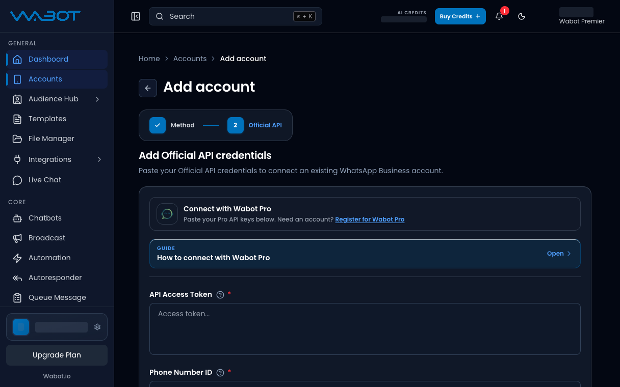 Add Official API credentials form with Connect with Wabot Pro