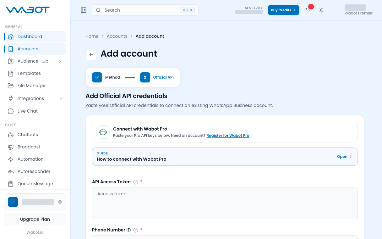 Add Official API credentials form with Connect with Wabot Pro