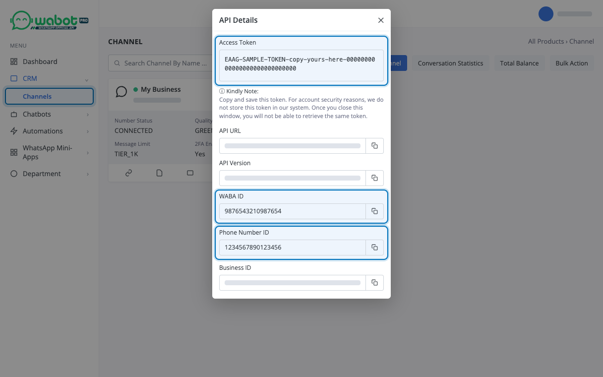 Wabot Pro API Details window with Access Token, WABA ID and Phone Number ID highlighted