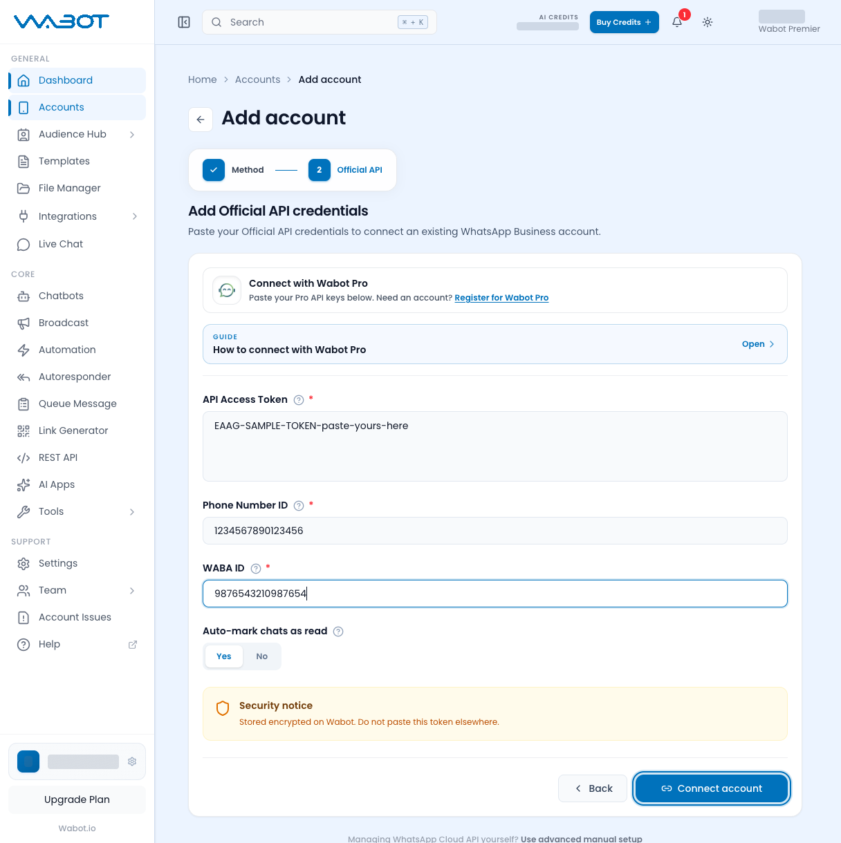 Official API form filled with sample values and the Connect account button highlighted
