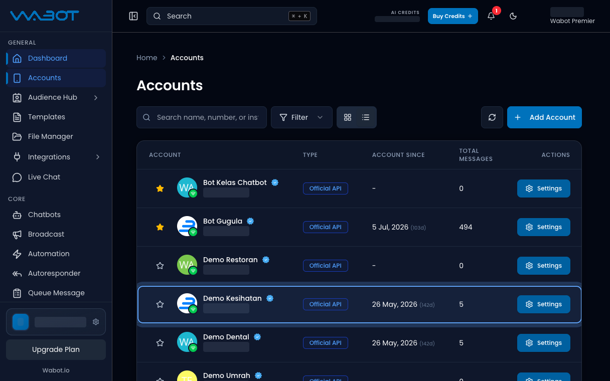 Accounts table with an Official API account and a green connected badge
