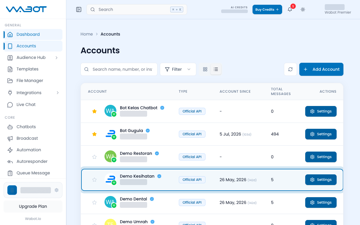 Accounts table with an Official API account and a green connected badge
