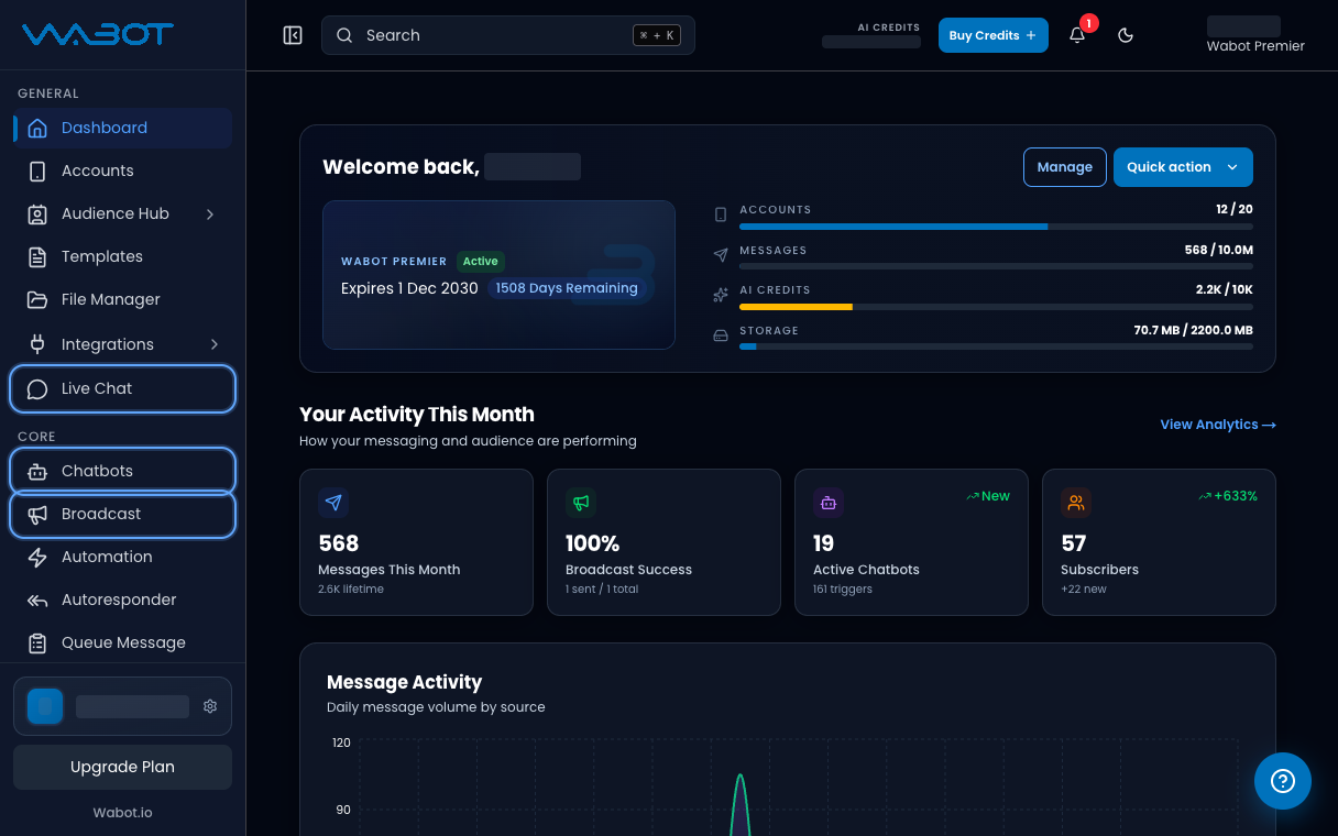 Live Chat, Chatbots and Broadcast highlighted in the left menu