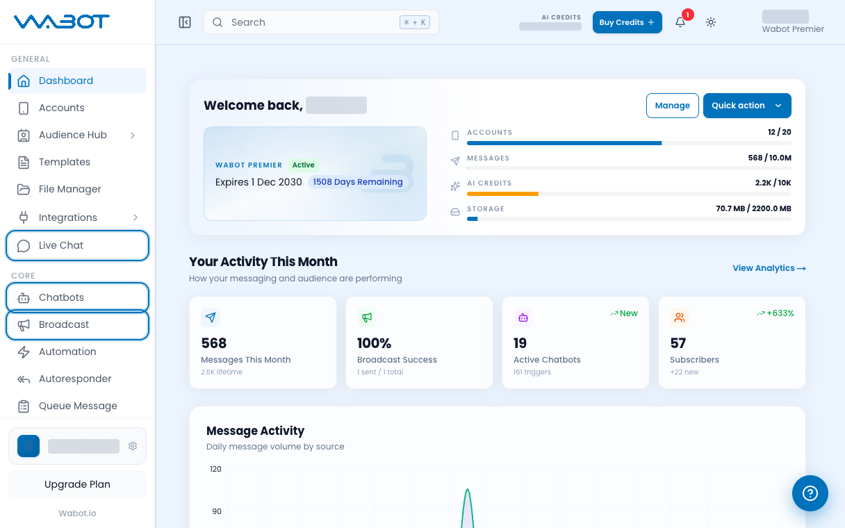 Live Chat, Chatbots and Broadcast highlighted in the left menu